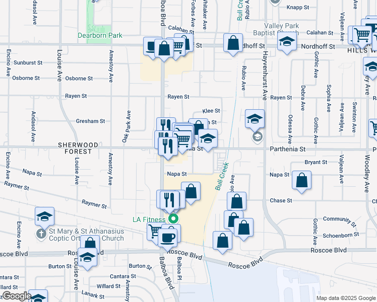 map of restaurants, bars, coffee shops, grocery stores, and more near 16900 Parthenia Street in Los Angeles