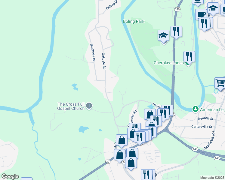 map of restaurants, bars, coffee shops, grocery stores, and more near 511 Oakdale Road in Canton