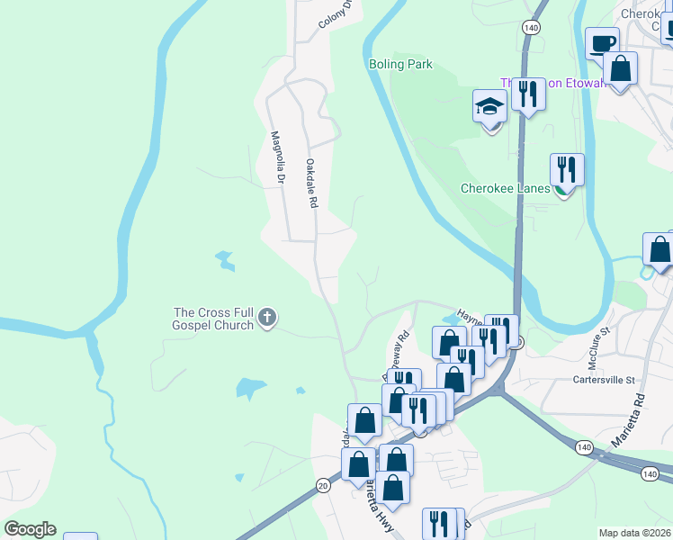 map of restaurants, bars, coffee shops, grocery stores, and more near 511 Oakdale Road in Canton