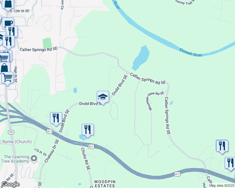 map of restaurants, bars, coffee shops, grocery stores, and more near 83 Dodd Boulevard Southeast in Rome
