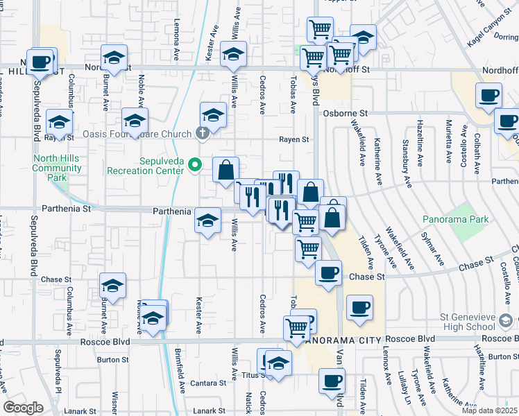 map of restaurants, bars, coffee shops, grocery stores, and more near 14707 Parthenia Street in Los Angeles