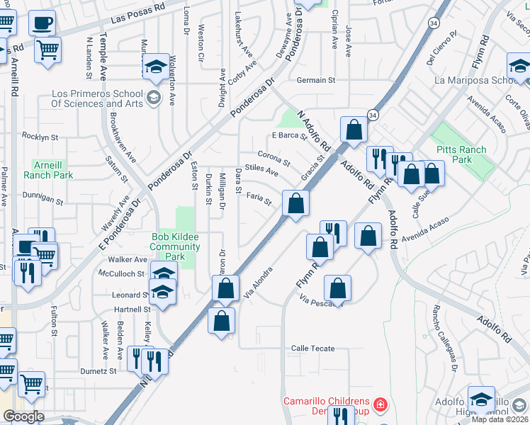 map of restaurants, bars, coffee shops, grocery stores, and more near 3475 East Karena Court in Camarillo