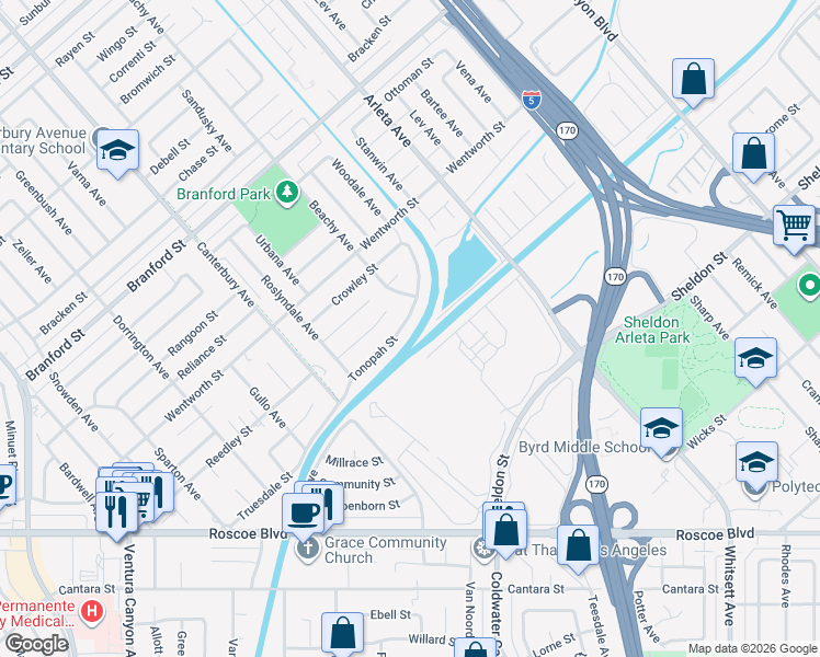 map of restaurants, bars, coffee shops, grocery stores, and more near 13116 Tonopah Street in Los Angeles