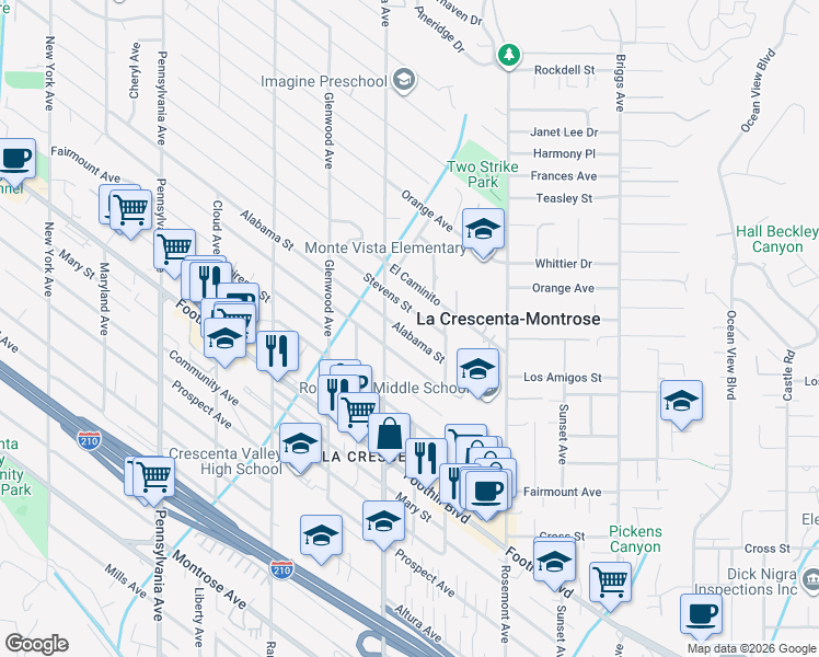 map of restaurants, bars, coffee shops, grocery stores, and more near 2743 Alabama Street in La Crescenta-Montrose