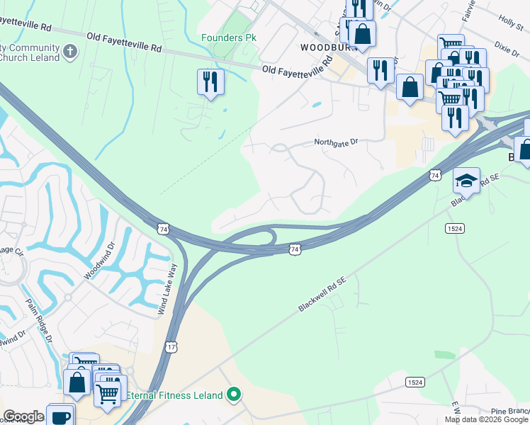 map of restaurants, bars, coffee shops, grocery stores, and more near 2293 Cottagefield Lane in Leland