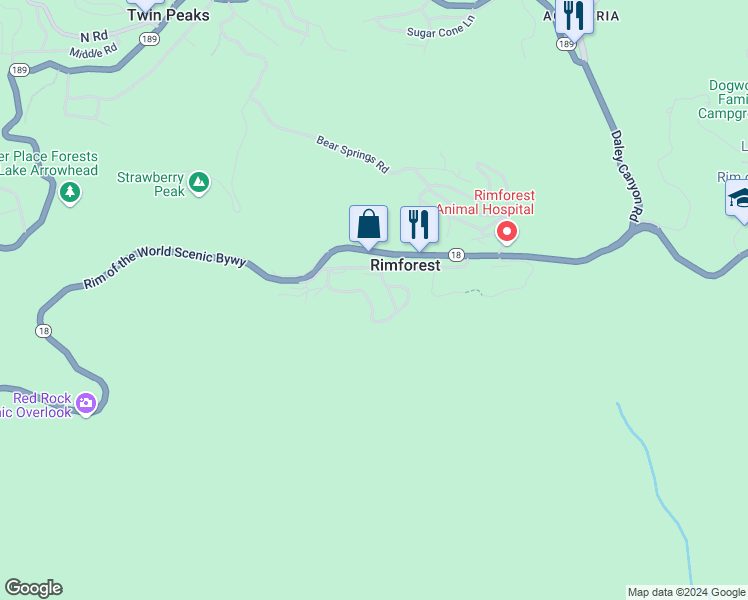 map of restaurants, bars, coffee shops, grocery stores, and more near 26416 Apache Trail in Rimforest