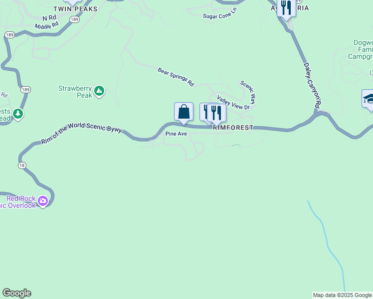map of restaurants, bars, coffee shops, grocery stores, and more near 26416 Apache Trail in Rimforest