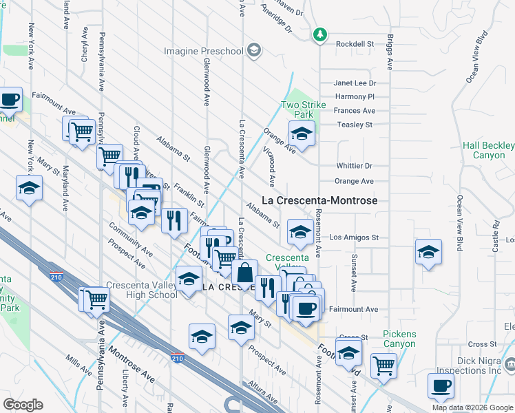 map of restaurants, bars, coffee shops, grocery stores, and more near 2743 Alabama Street in La Crescenta-Montrose