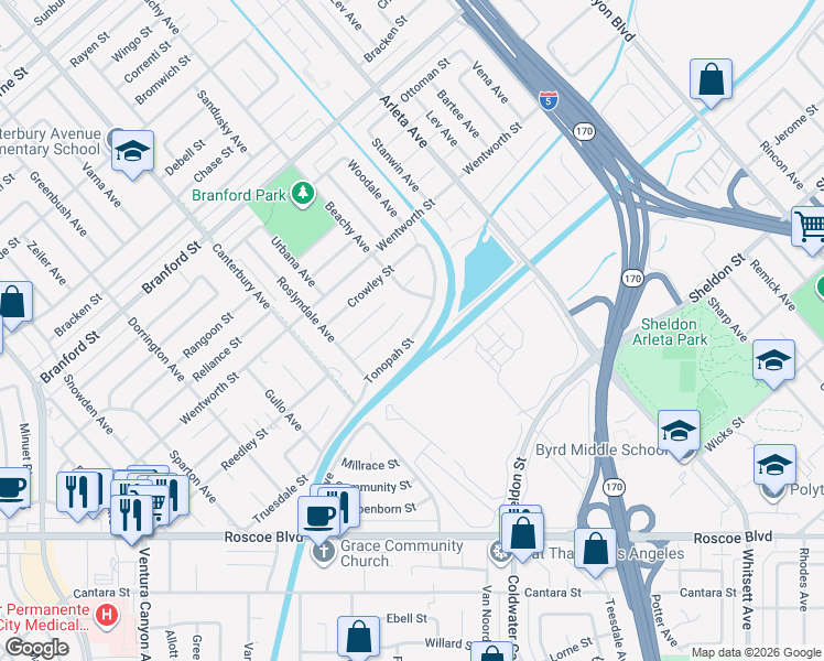 map of restaurants, bars, coffee shops, grocery stores, and more near 13123 Tonopah Street in Los Angeles