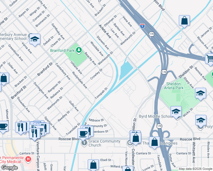 map of restaurants, bars, coffee shops, grocery stores, and more near 13123 Tonopah Street in Los Angeles