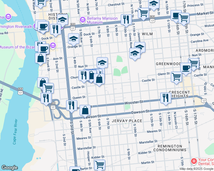 map of restaurants, bars, coffee shops, grocery stores, and more near 706 Castle Street in Wilmington