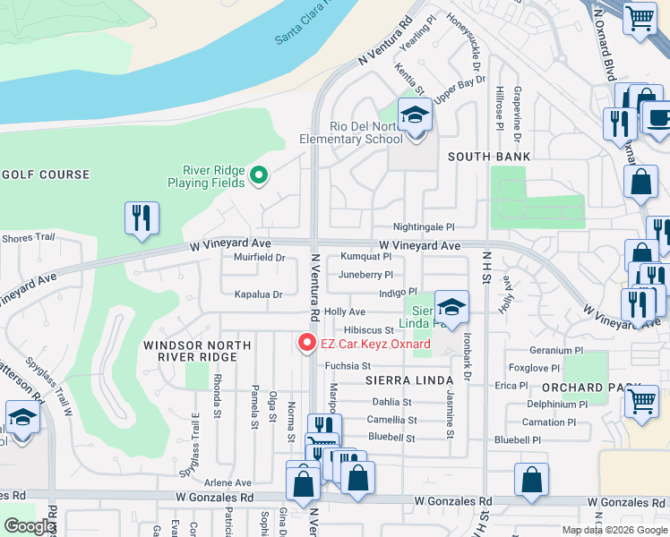 map of restaurants, bars, coffee shops, grocery stores, and more near 1411 Juneberry Place in Oxnard
