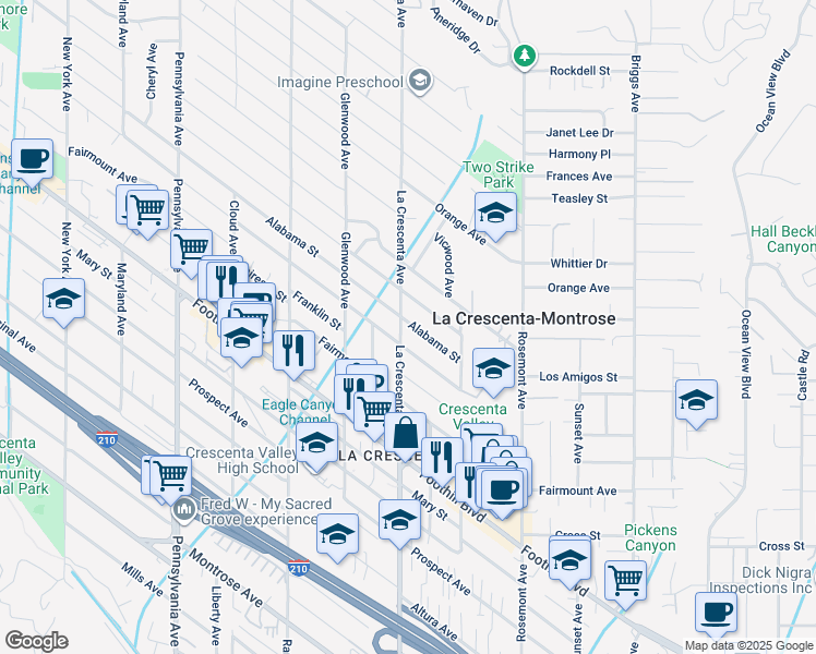 map of restaurants, bars, coffee shops, grocery stores, and more near 4718 La Crescenta Avenue in La Crescenta-Montrose