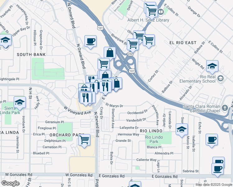 map of restaurants, bars, coffee shops, grocery stores, and more near 300 East Esplanade Drive in Oxnard