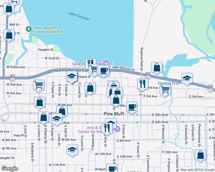 map of restaurants, bars, coffee shops, grocery stores, and more near in Pine Bluff