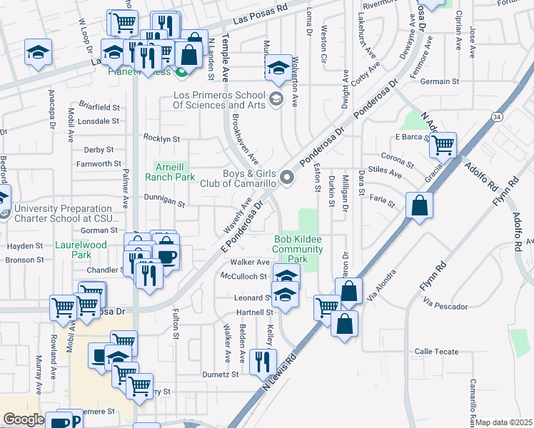 map of restaurants, bars, coffee shops, grocery stores, and more near 1117 Via Montoya in Camarillo