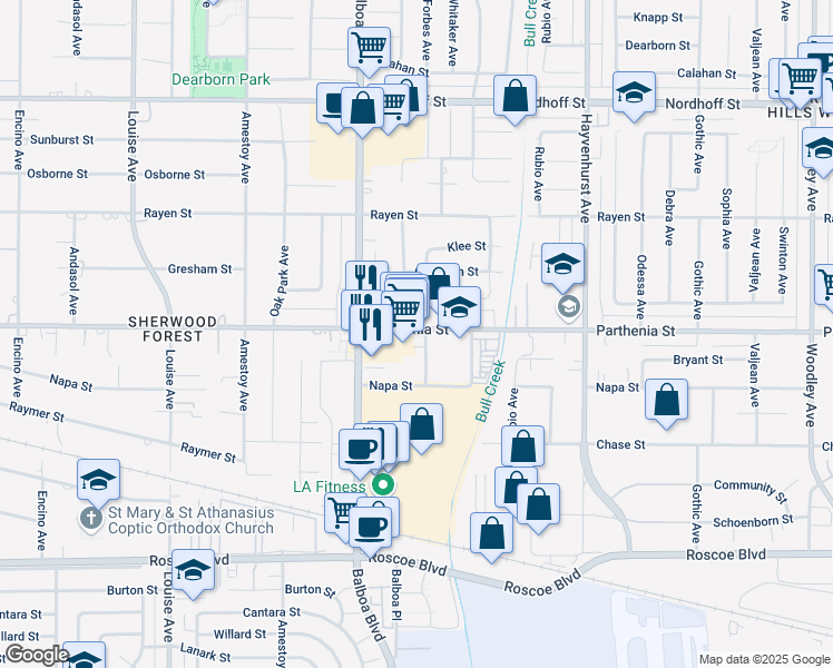 map of restaurants, bars, coffee shops, grocery stores, and more near 16900 Parthenia Street in Los Angeles