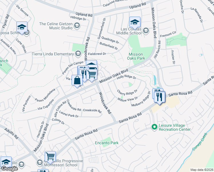 map of restaurants, bars, coffee shops, grocery stores, and more near 5310 Willow View Drive in Camarillo
