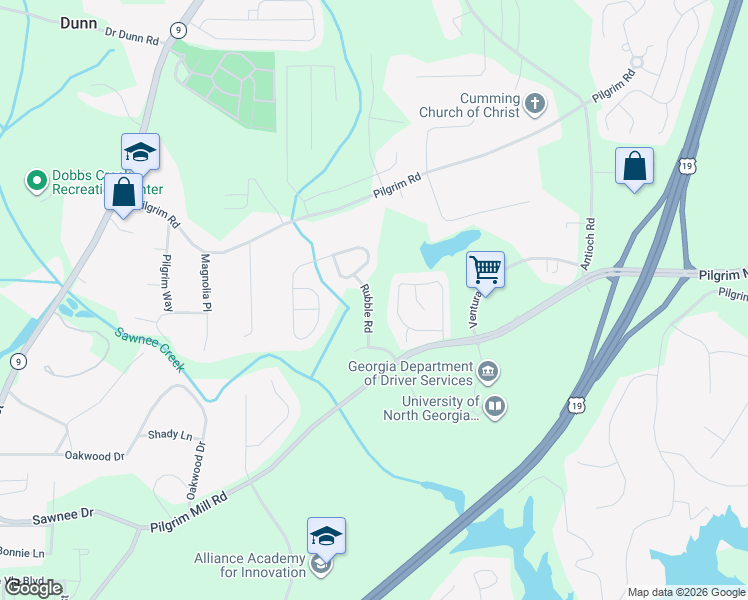 map of restaurants, bars, coffee shops, grocery stores, and more near 1252 Rubble Road in Cumming