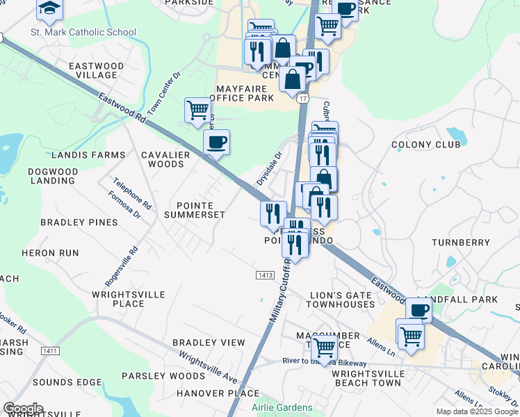 map of restaurants, bars, coffee shops, grocery stores, and more near 1620 Sturdivant Drive in Wilmington