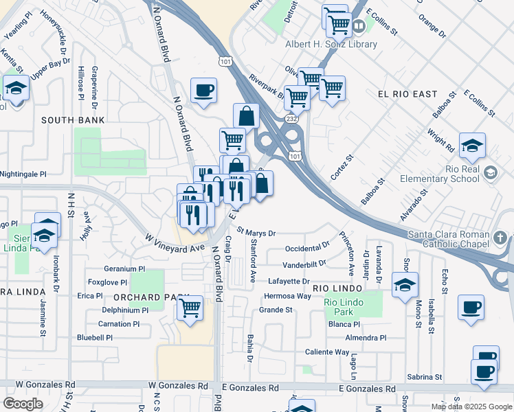 map of restaurants, bars, coffee shops, grocery stores, and more near 300 East Esplanade Drive in Oxnard