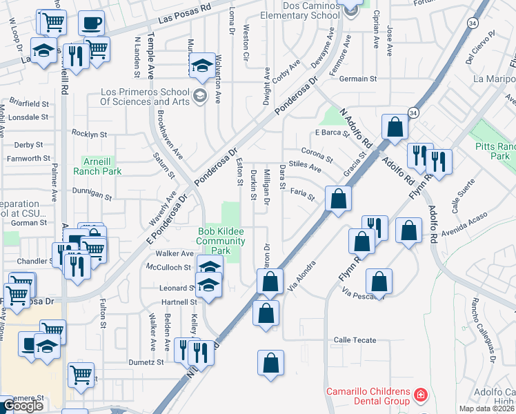 map of restaurants, bars, coffee shops, grocery stores, and more near 1088 Durkin Street in Camarillo