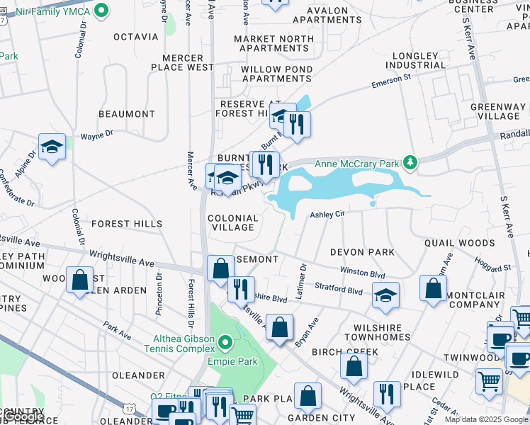 map of restaurants, bars, coffee shops, grocery stores, and more near 3234 Camden Circle in Wilmington