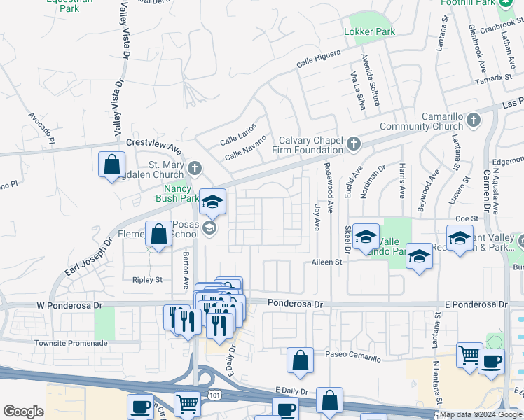 map of restaurants, bars, coffee shops, grocery stores, and more near 1-99 Calle El Halcon in Camarillo