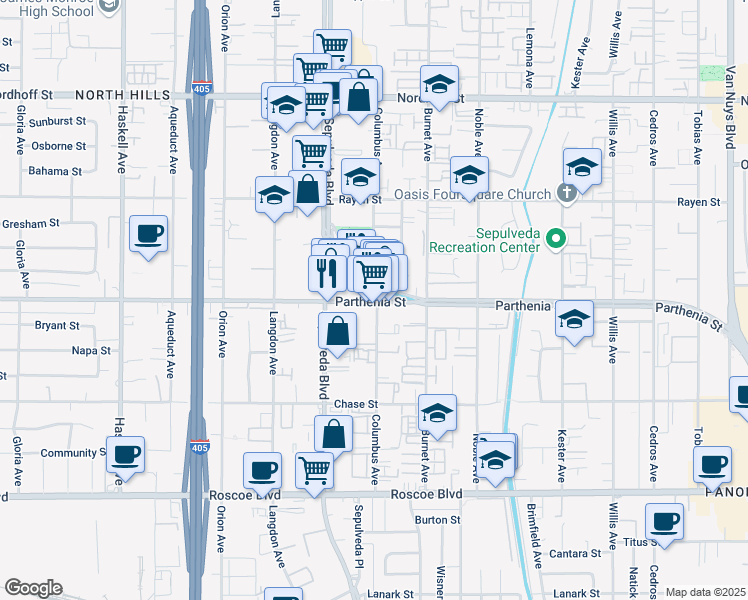 map of restaurants, bars, coffee shops, grocery stores, and more near 15307 Parthenia Street in Los Angeles