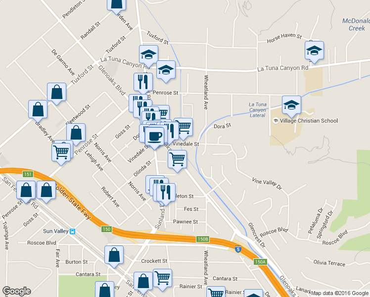 map of restaurants, bars, coffee shops, grocery stores, and more near 10654 Vinedale Street in Los Angeles