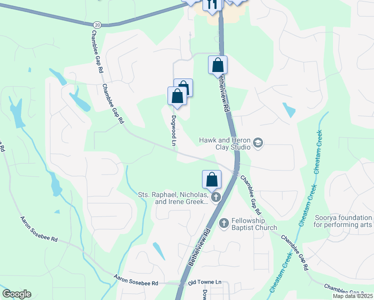 map of restaurants, bars, coffee shops, grocery stores, and more near 3142 Chamblee Gap Road in Cumming
