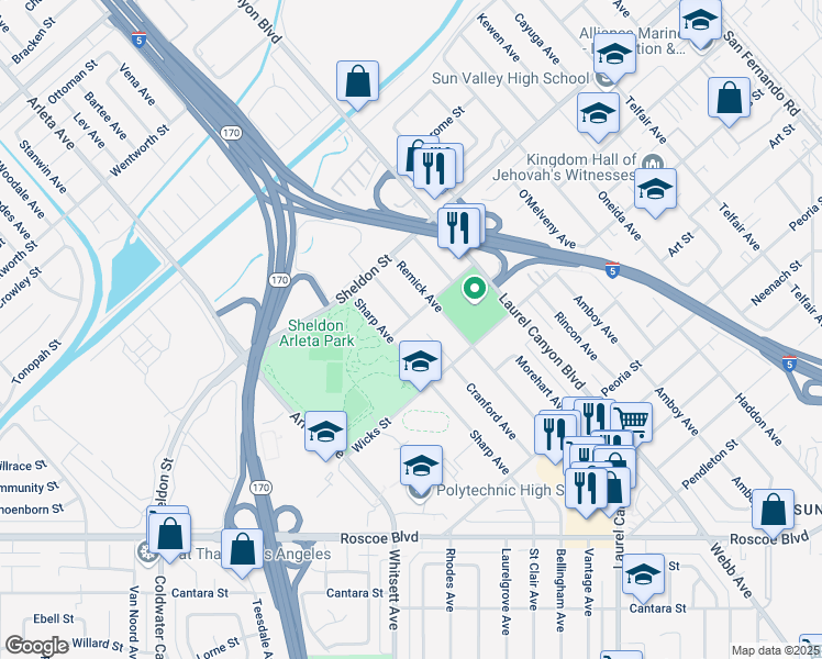 map of restaurants, bars, coffee shops, grocery stores, and more near 8730 Cranford Avenue in Los Angeles