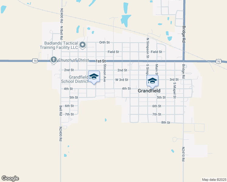 map of restaurants, bars, coffee shops, grocery stores, and more near 601 4th Street in Grandfield