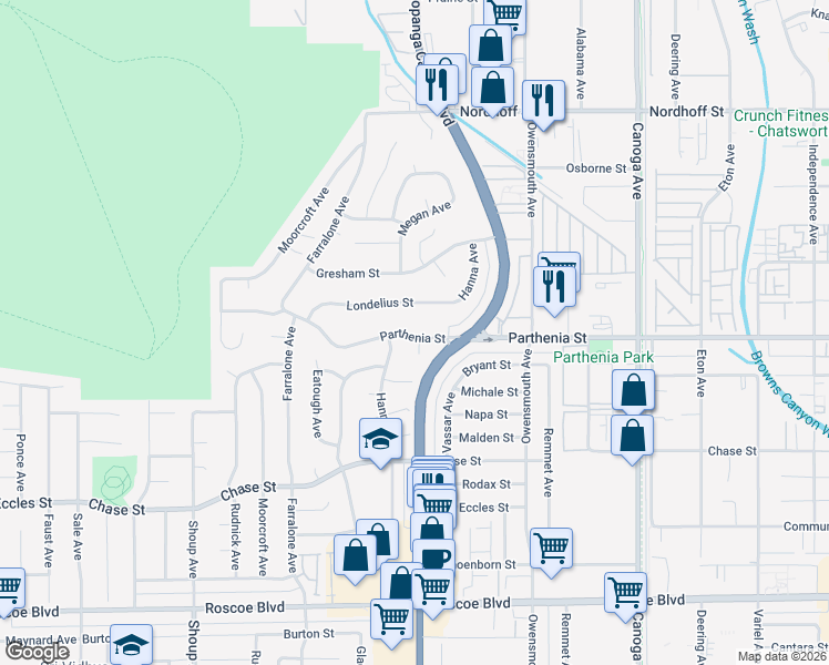 map of restaurants, bars, coffee shops, grocery stores, and more near 22013 Parthenia Street in Los Angeles