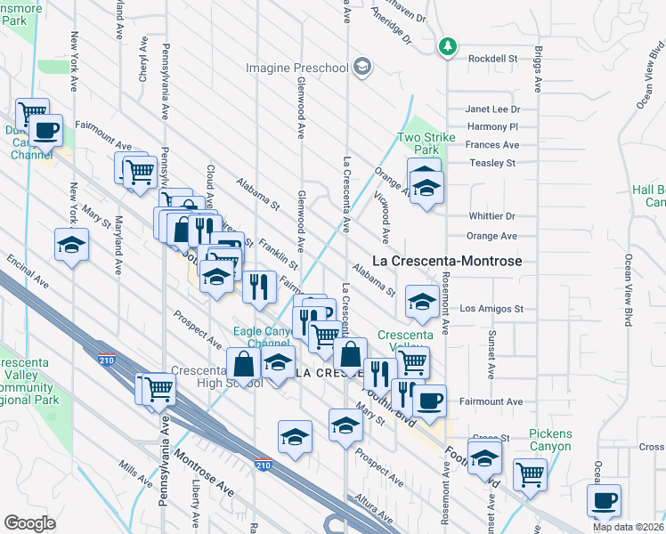 map of restaurants, bars, coffee shops, grocery stores, and more near 2815 Los Olivos Lane in La Crescenta-Montrose