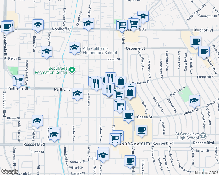 map of restaurants, bars, coffee shops, grocery stores, and more near 8712 Tobias Avenue in Los Angeles