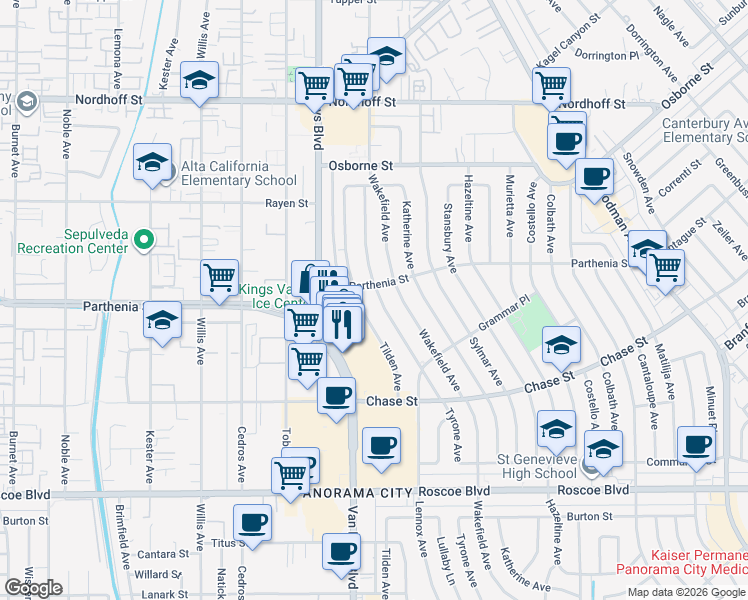 map of restaurants, bars, coffee shops, grocery stores, and more near 8739 Tyrone Avenue in Los Angeles