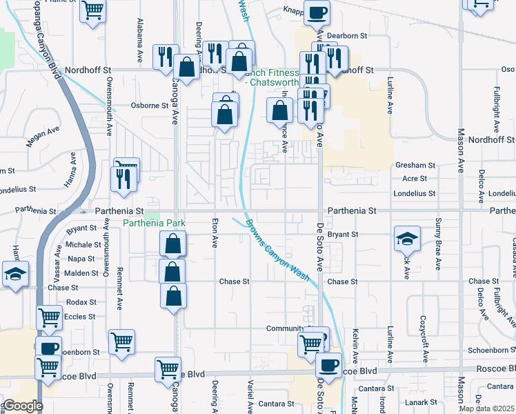 map of restaurants, bars, coffee shops, grocery stores, and more near 21041 Parthenia Street in Los Angeles