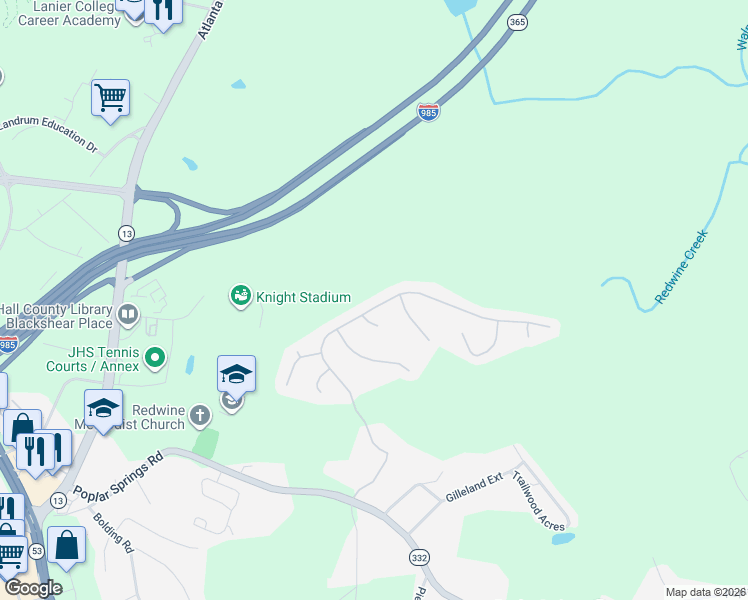 map of restaurants, bars, coffee shops, grocery stores, and more near 3875 Amberleigh Trace in Gainesville
