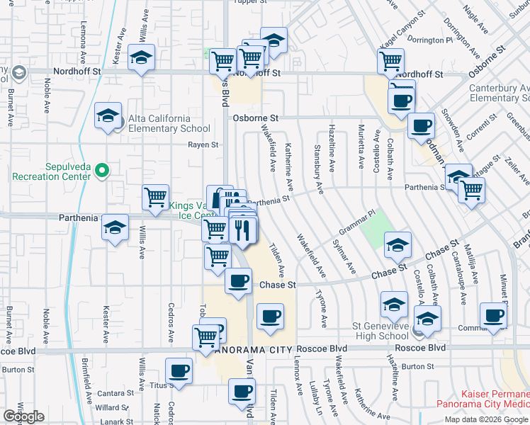 map of restaurants, bars, coffee shops, grocery stores, and more near 8734 Tyrone Avenue in Los Angeles