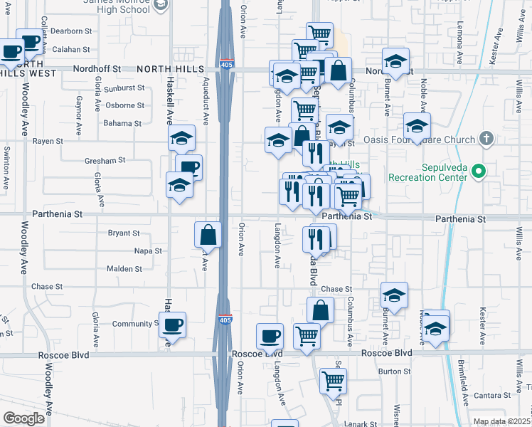 map of restaurants, bars, coffee shops, grocery stores, and more near 8711 Langdon Avenue in Los Angeles