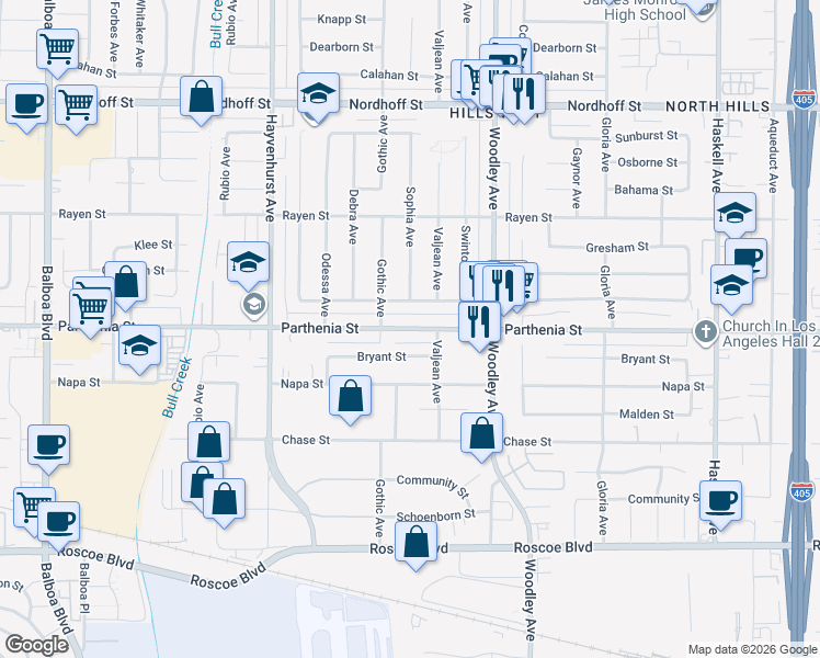 map of restaurants, bars, coffee shops, grocery stores, and more near 16321 Parthenia Street in Los Angeles