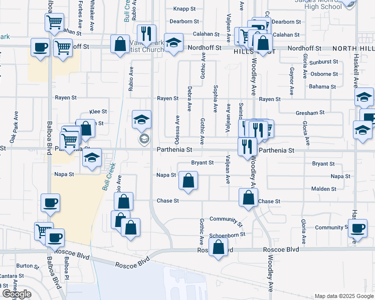 map of restaurants, bars, coffee shops, grocery stores, and more near 16443 Parthenia Street in Los Angeles