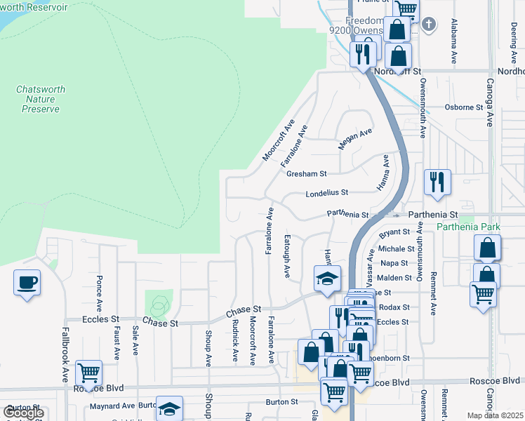 map of restaurants, bars, coffee shops, grocery stores, and more near 22201 Tioga Place in Los Angeles