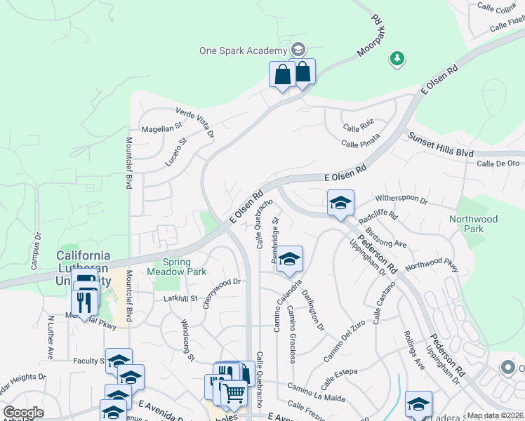 map of restaurants, bars, coffee shops, grocery stores, and more near 3440 Calle Quebracho in Thousand Oaks
