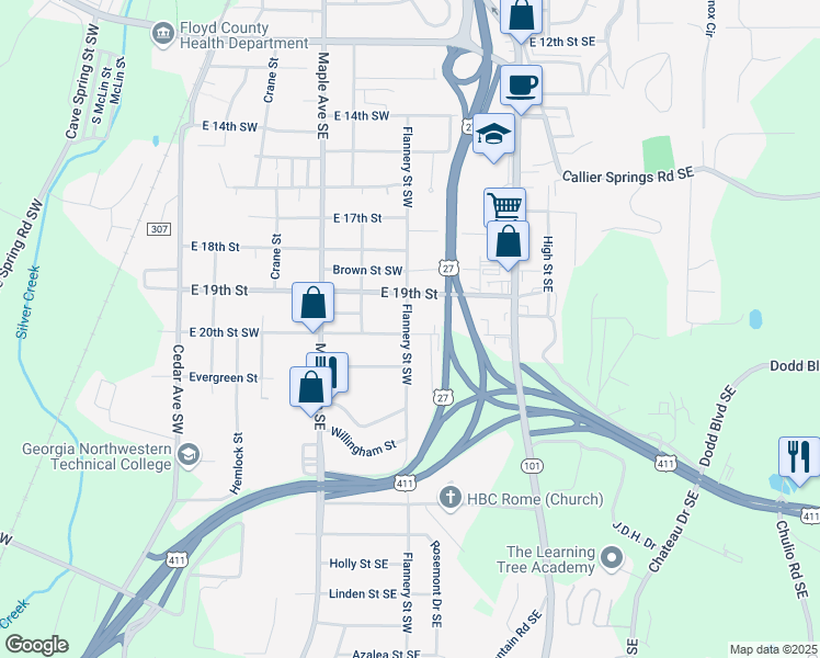 map of restaurants, bars, coffee shops, grocery stores, and more near 501 East 20th Street Southwest in Rome