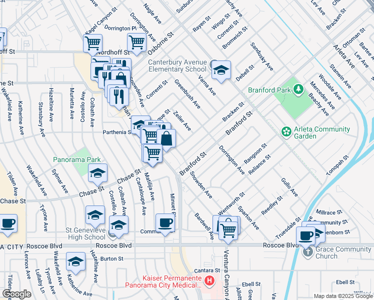 map of restaurants, bars, coffee shops, grocery stores, and more near 13747 Bracken Street in Los Angeles