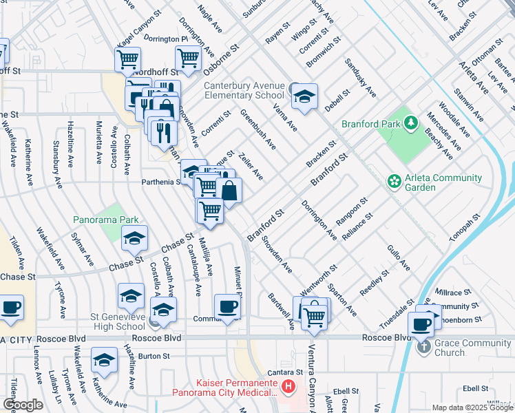 map of restaurants, bars, coffee shops, grocery stores, and more near 13747 Bracken Street in Los Angeles
