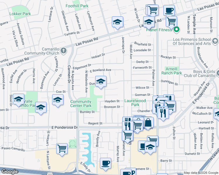 map of restaurants, bars, coffee shops, grocery stores, and more near 1885 Bancroft Street in Camarillo