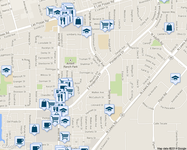 map of restaurants, bars, coffee shops, grocery stores, and more near 2791 Waverly Avenue in Camarillo